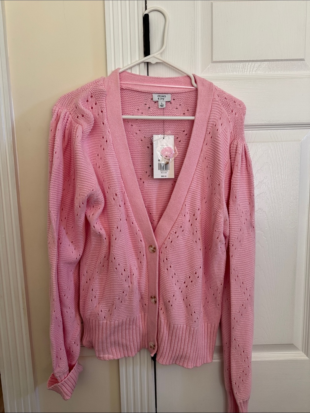 crown & ivy Pink Pointelle V-Neck Button Cardigan